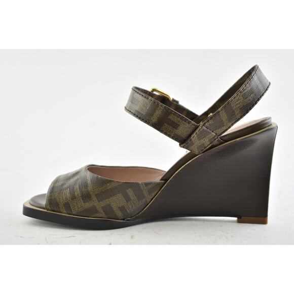 Fendi Dark Brown FF Motif Logo Ankle Strap Sandal Peep Toe Heel Pump Wedge 36.5 - Picture 8 of 11